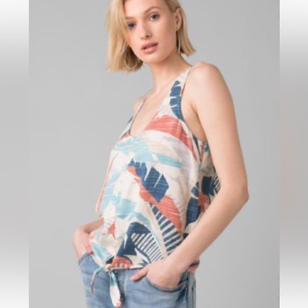 Prana MCKENZIE Blue Orange Abstract Tropical Print Tie Front Tank Blouse